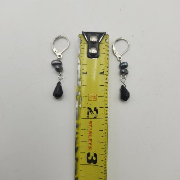 Blue Faux Pearl & Black Bead Dangle Earrings Leverback Crystal Drop Gothic - Picture 3 of 8